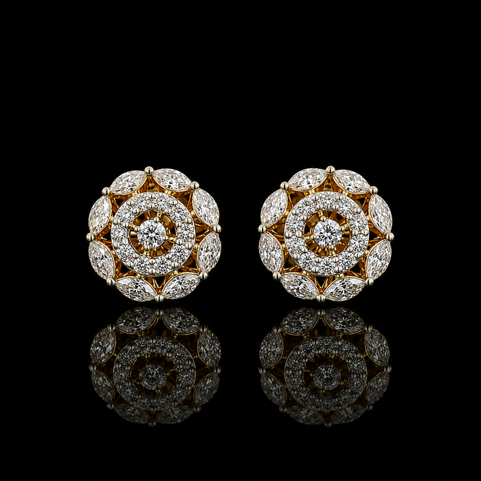 yellow gold floral earrings with marquise and round lab grown diamonds