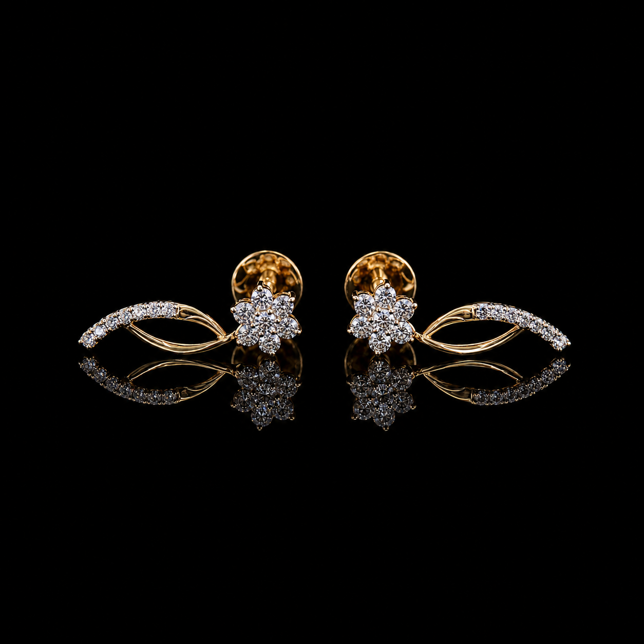yellow gold floral leaf earrings with round lab grown diamonds
