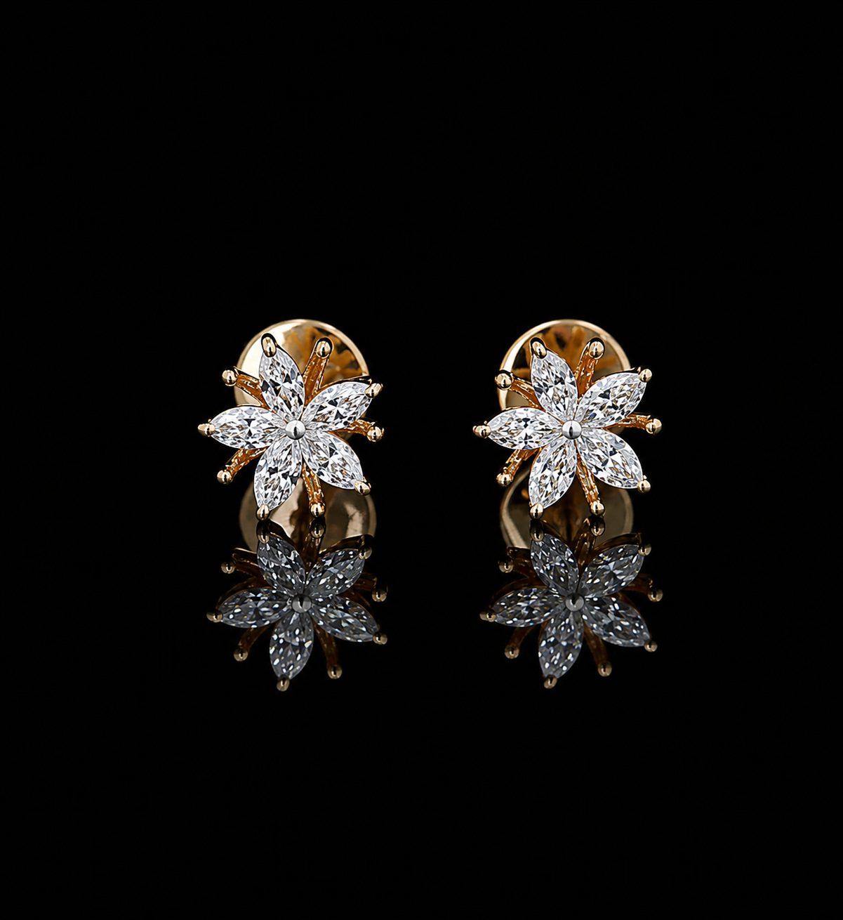 yellow gold marquise floral stud earrings with lab grown diamonds