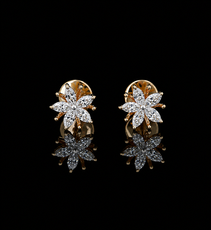 yellow gold marquise floral stud earrings with lab grown diamonds