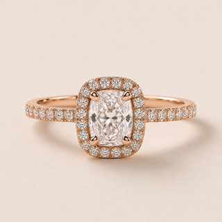 Cushion Cut Lab Grown Diamond Cathedral Halo Ring in rose gold with a micro pavé shank