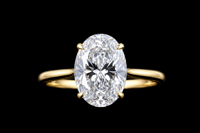 Yellow gold ring with 2.02ct oval lab grown diamond solitaire photographed on black