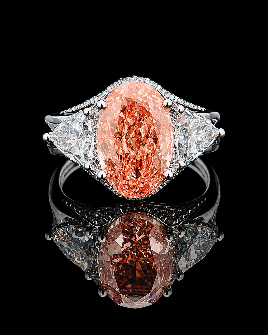 White gold 7.09ct peach oval ring with trillion lab grown diamond side stones on black
