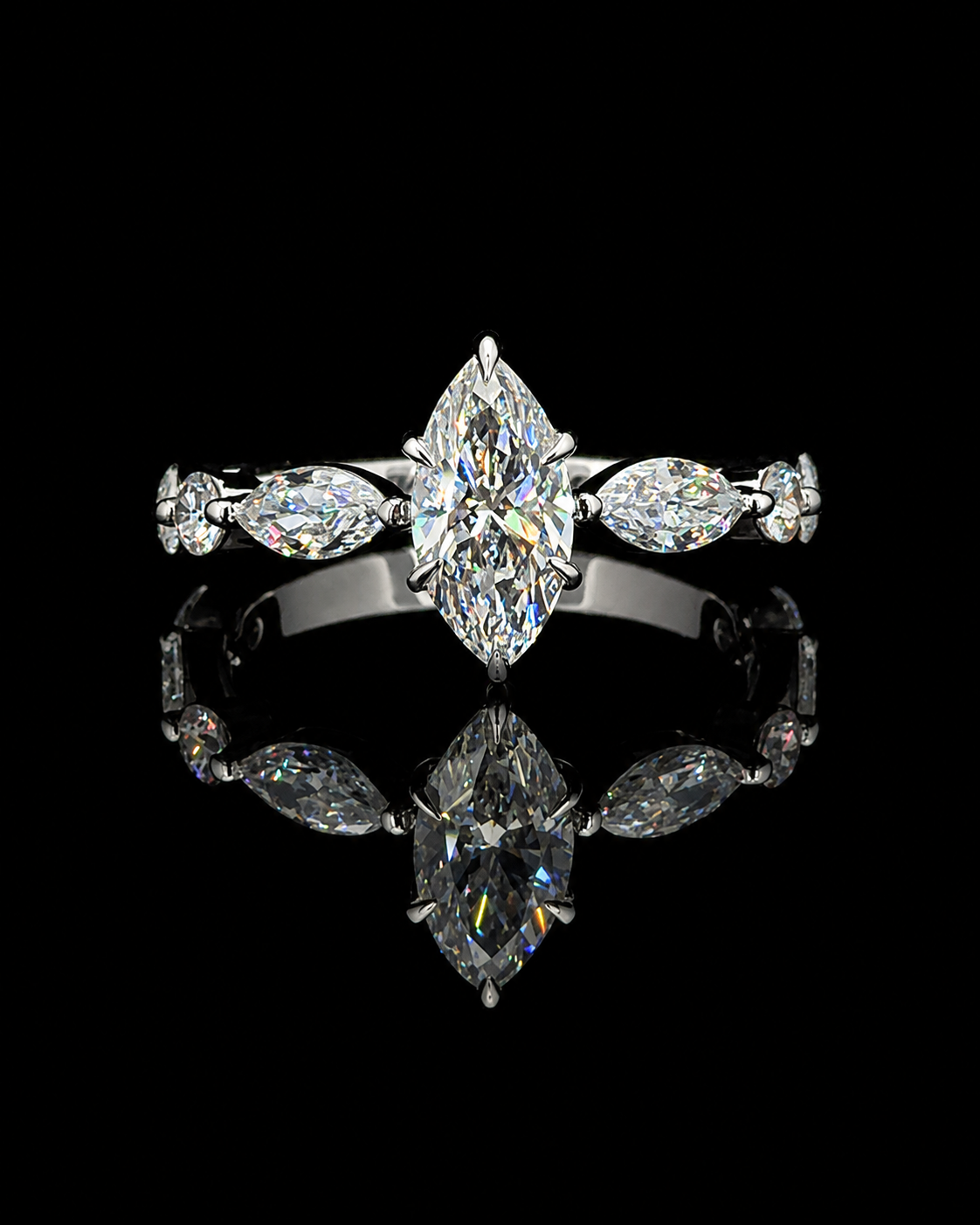 White gold 0.88ct marquise nine-stone ring with 8 lab grown diamond side stones on black
