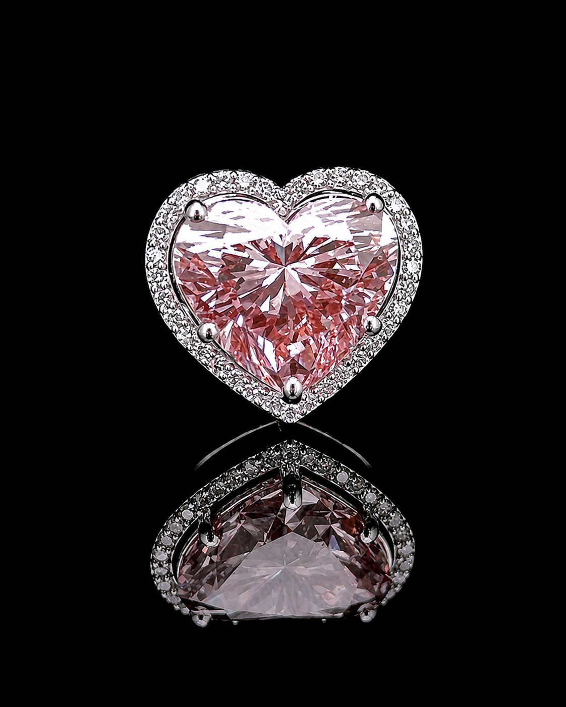 White gold 2.00ct heart halo ring with round lab grown diamond border on black
