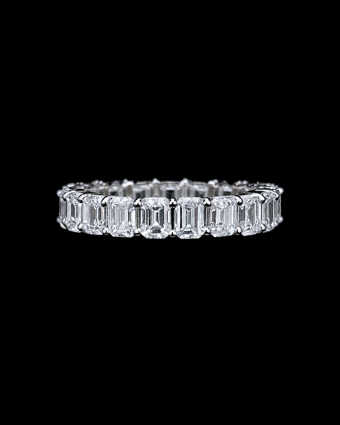 White gold radiant-cut eternity ring with 23 lab grown diamonds on black