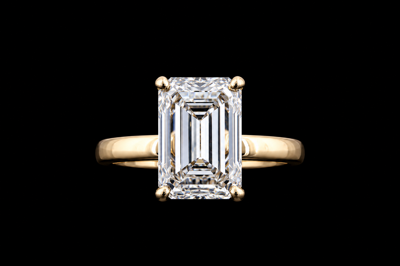 Yellow gold ring with 2.50ct radiant cut lab grown diamond solitaire photographed on black