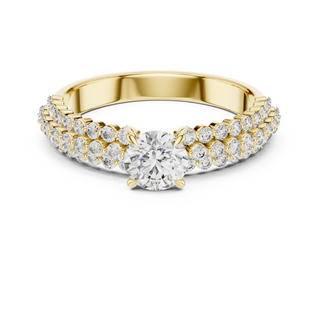 Round lab grown diamond double row pavé engagement ring in yellow gold
