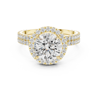 Round lab grown diamond halo engagement ring in yellow gold