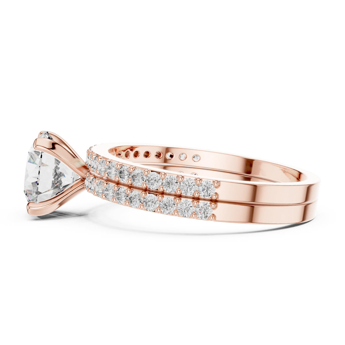 Round brilliant diamond ring with double pavé diamond band and four-prong solitaire setting