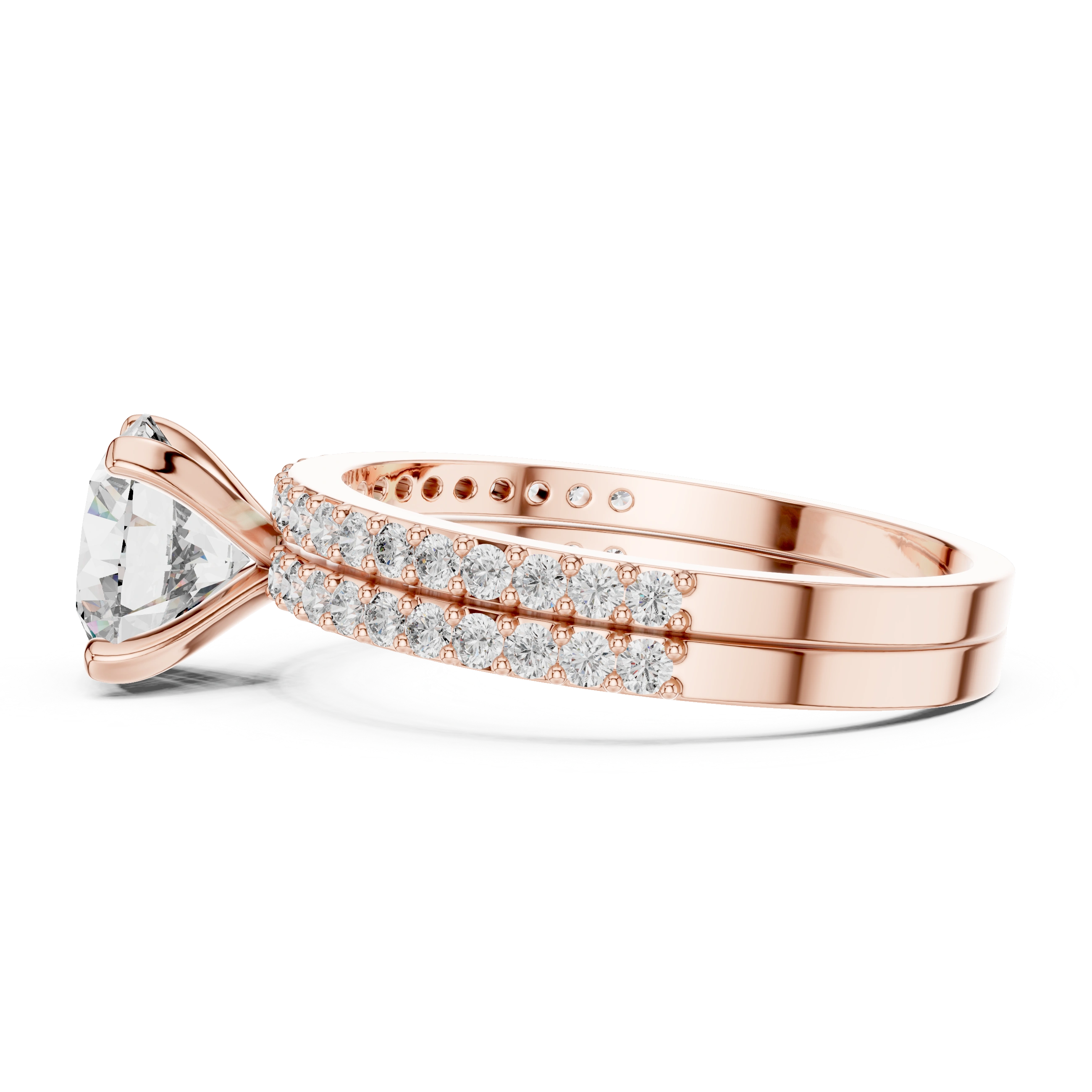 Round brilliant diamond ring with double pavé diamond band and four-prong solitaire setting