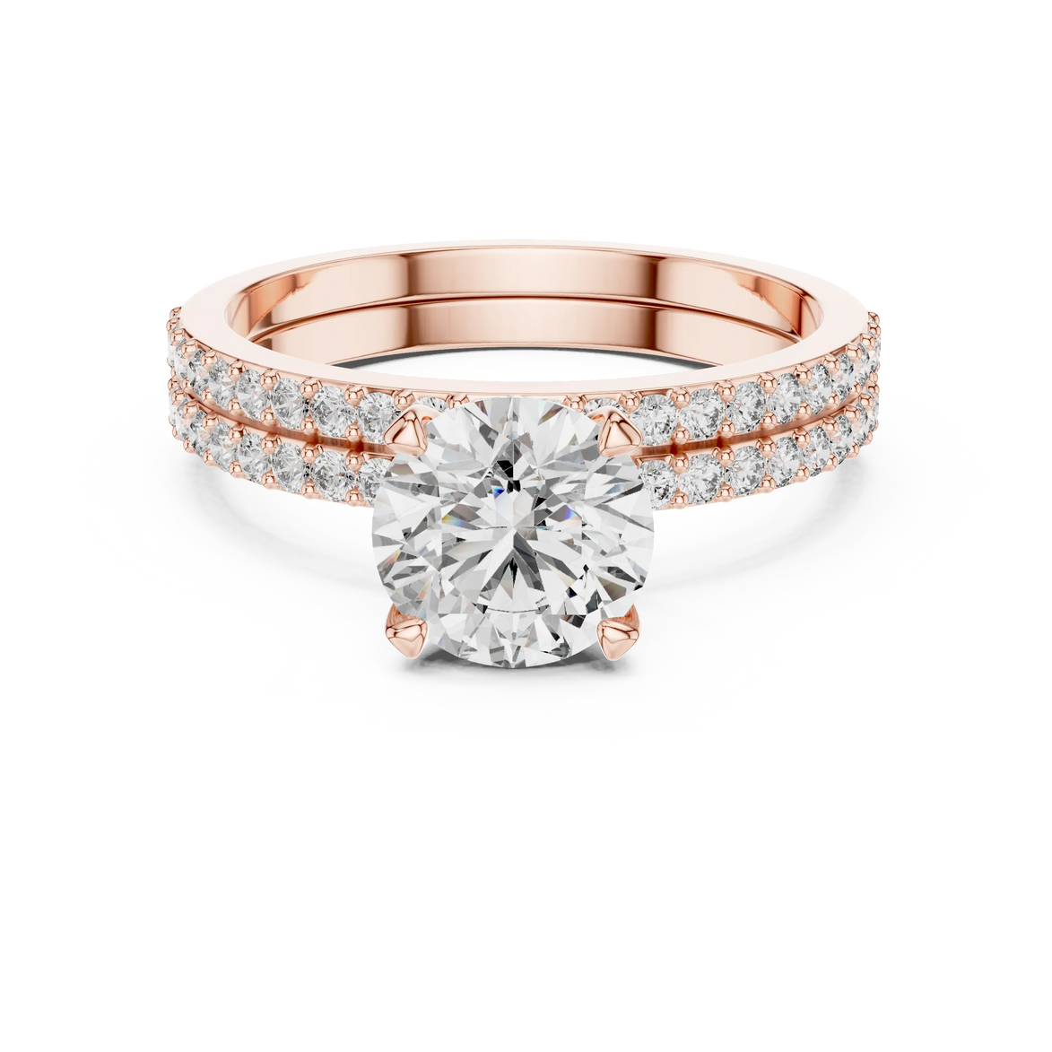 Round brilliant diamond ring with double pavé diamond band and four-prong solitaire setting