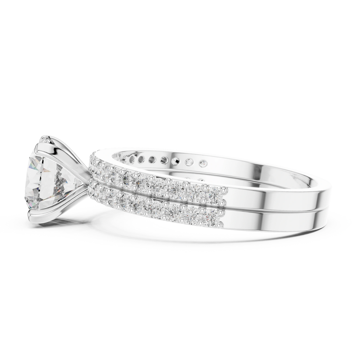 Round brilliant diamond ring with double pavé diamond band and four-prong solitaire setting