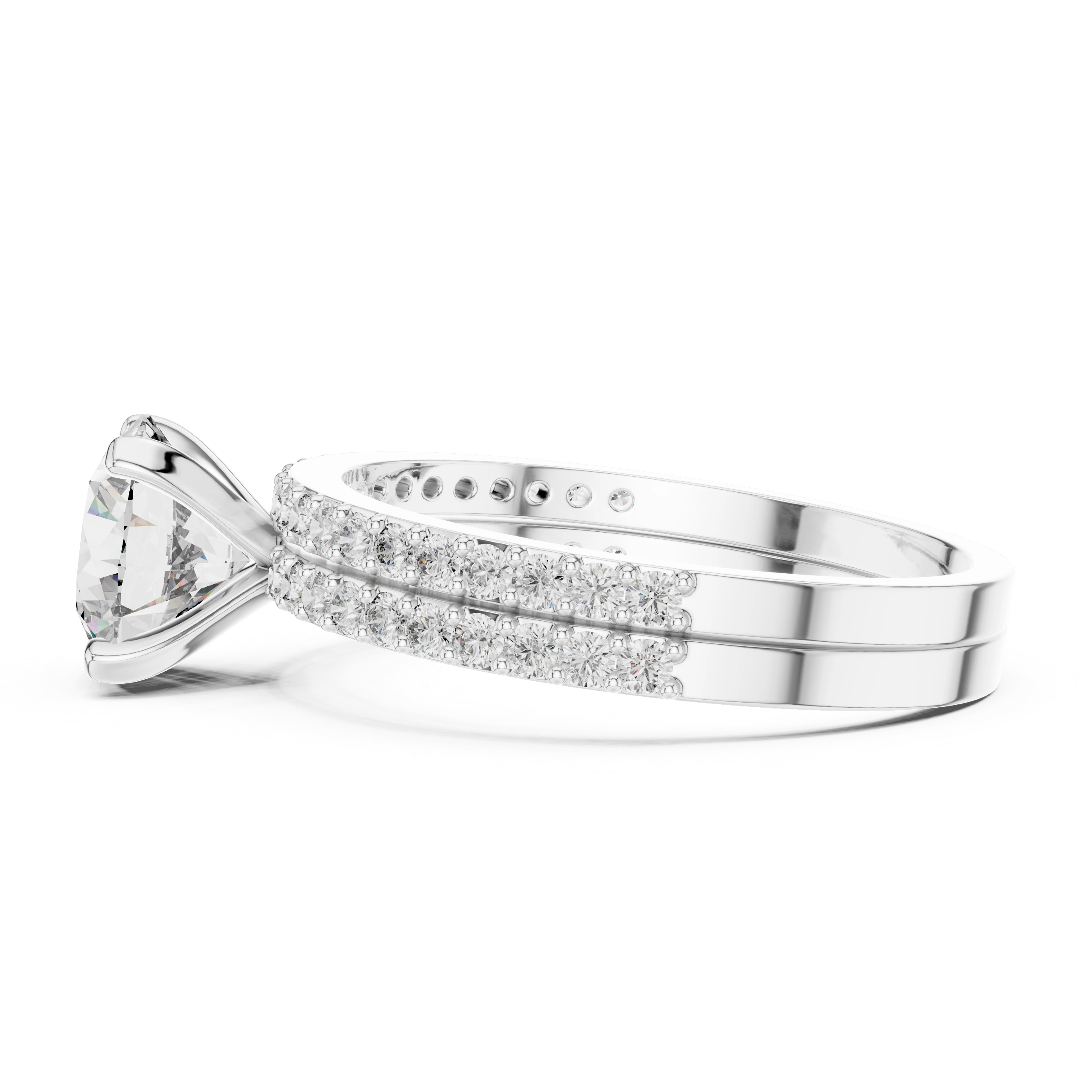 Round brilliant diamond ring with double pavé diamond band and four-prong solitaire setting