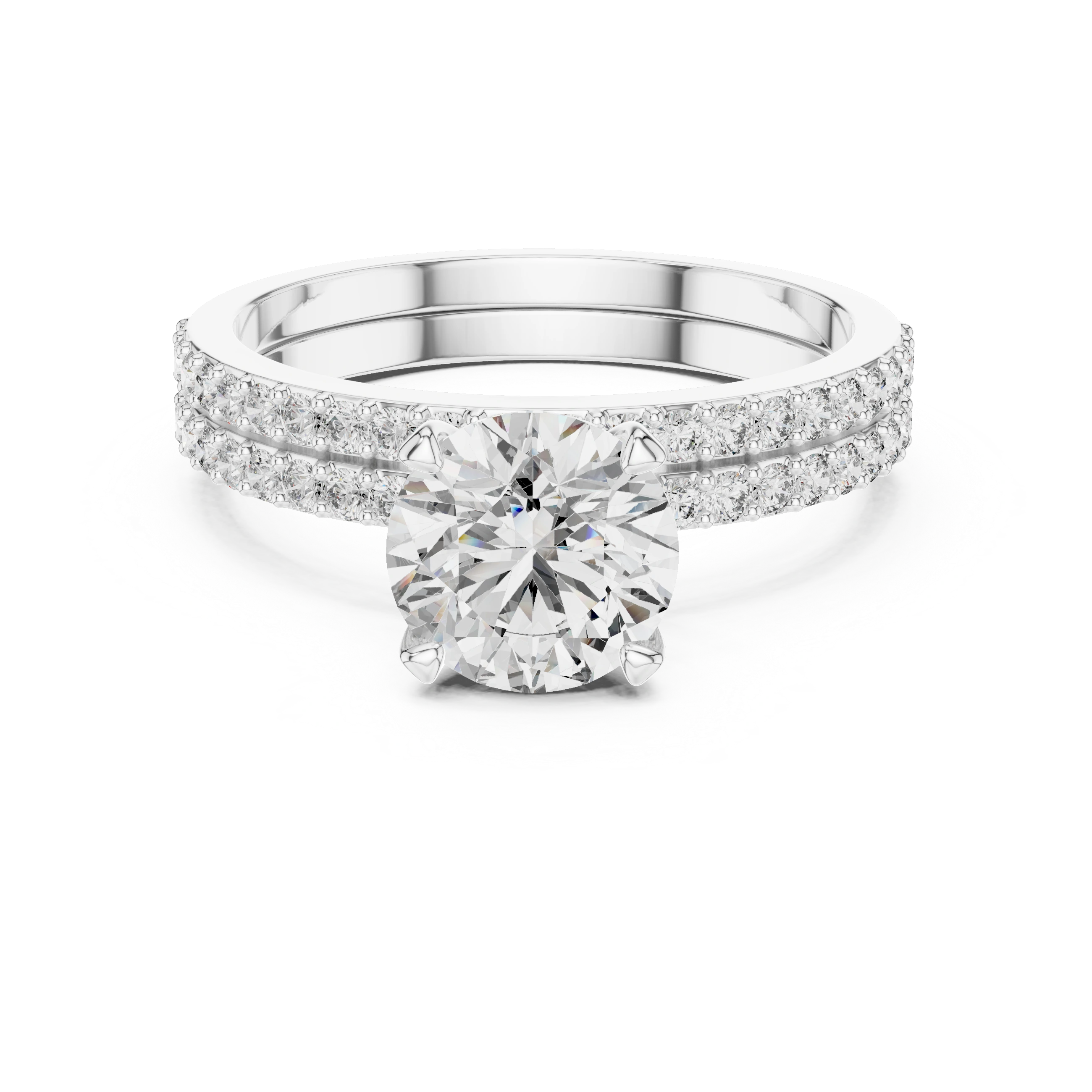 Round brilliant diamond ring with double pavé diamond band and four-prong solitaire setting