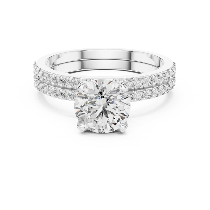 Round brilliant diamond ring with double pavé diamond band and four-prong solitaire setting