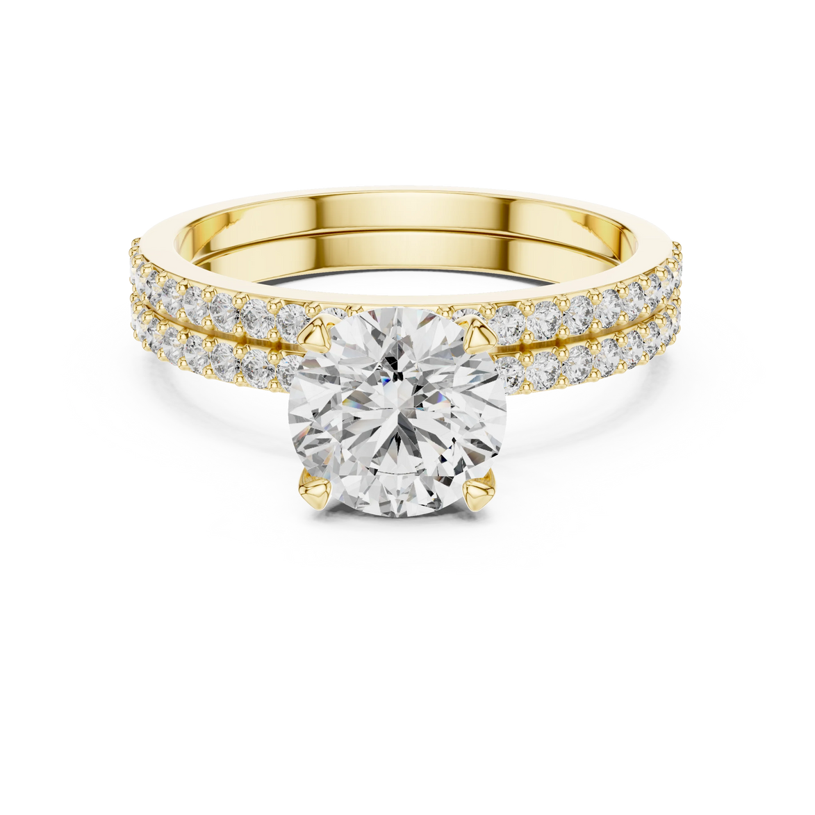 Round brilliant diamond ring with double pavé diamond band and four-prong solitaire setting