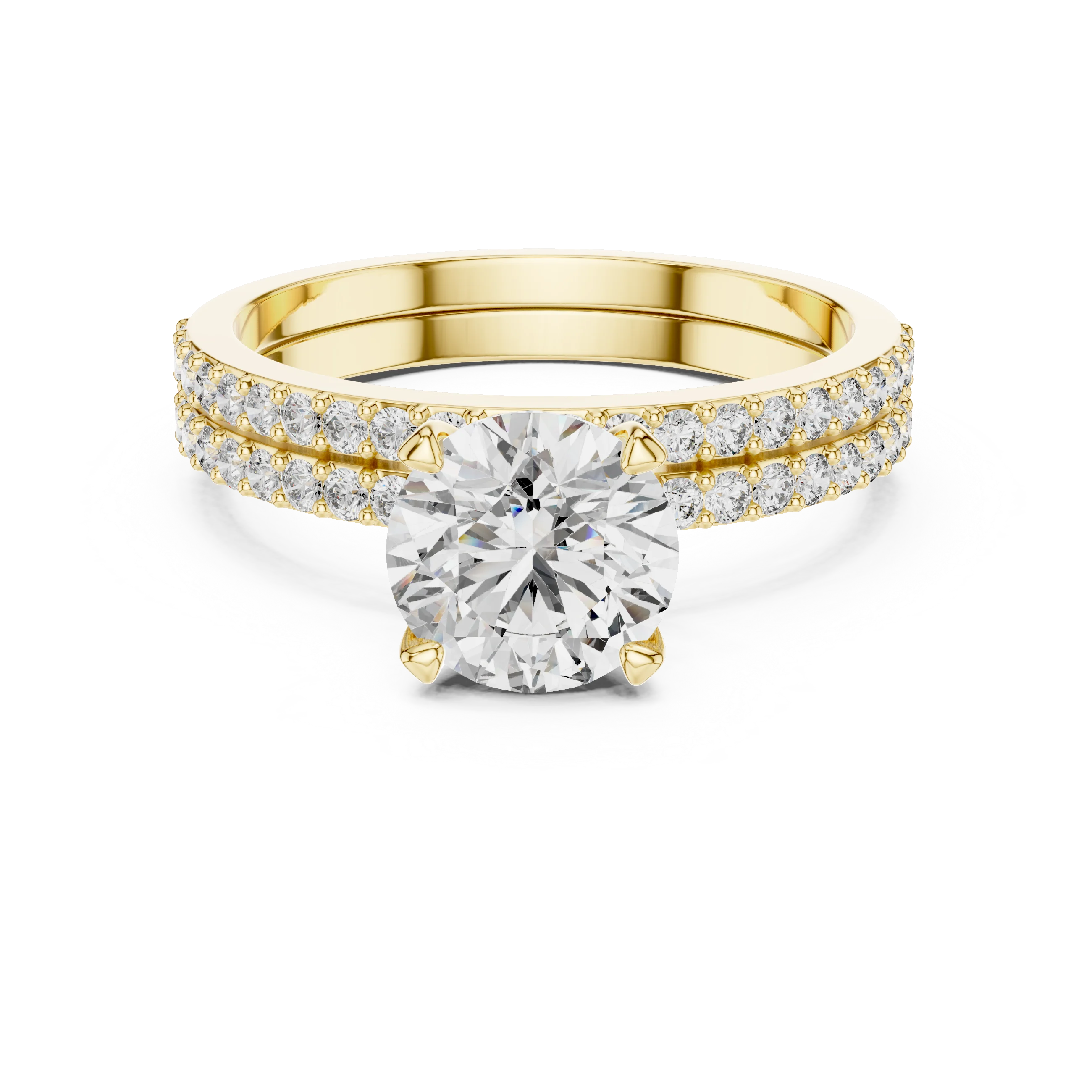 Round brilliant diamond ring with double pavé diamond band and four-prong solitaire setting