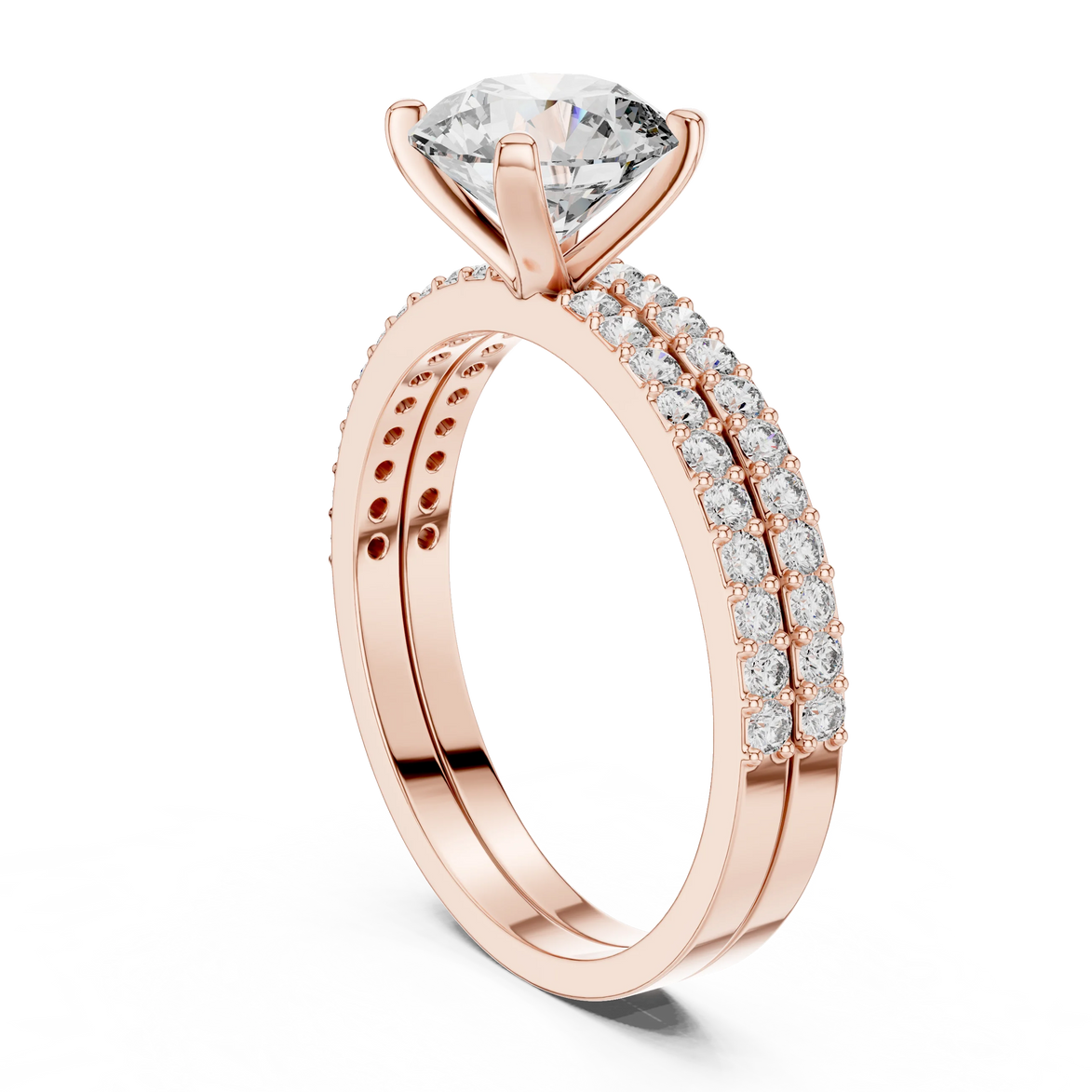 Round brilliant diamond ring with double pavé diamond band and four-prong solitaire setting