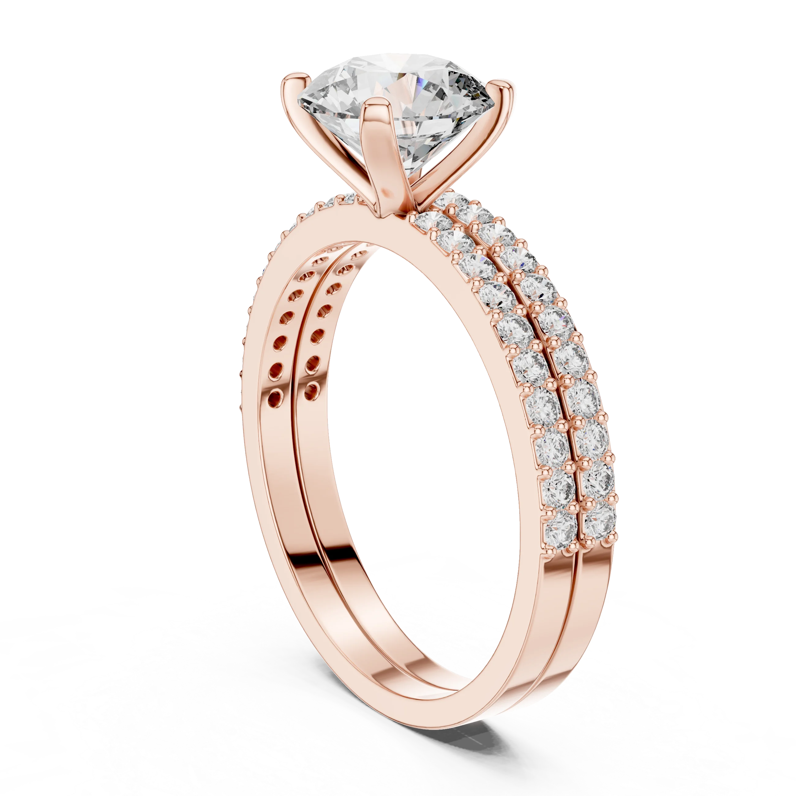 Round brilliant diamond ring with double pavé diamond band and four-prong solitaire setting
