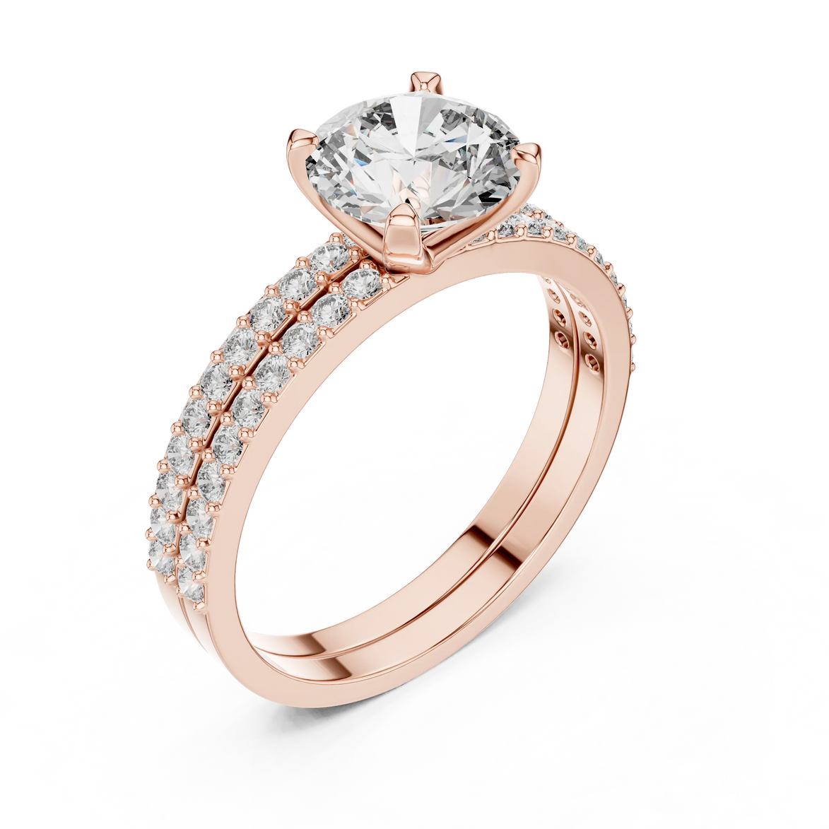 Round brilliant diamond ring with double pavé diamond band and four-prong solitaire setting