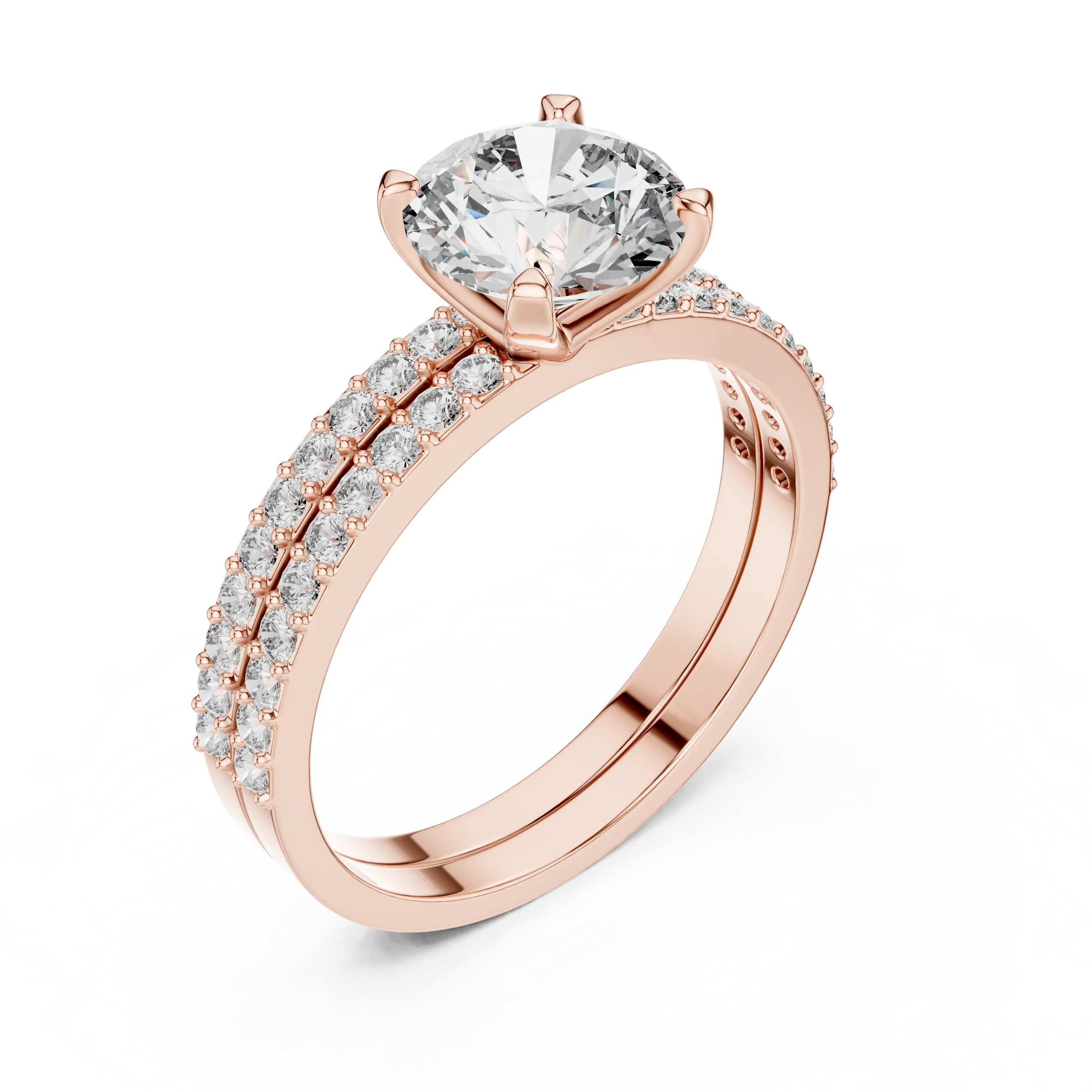 Round brilliant diamond ring with double pavé diamond band and four-prong solitaire setting