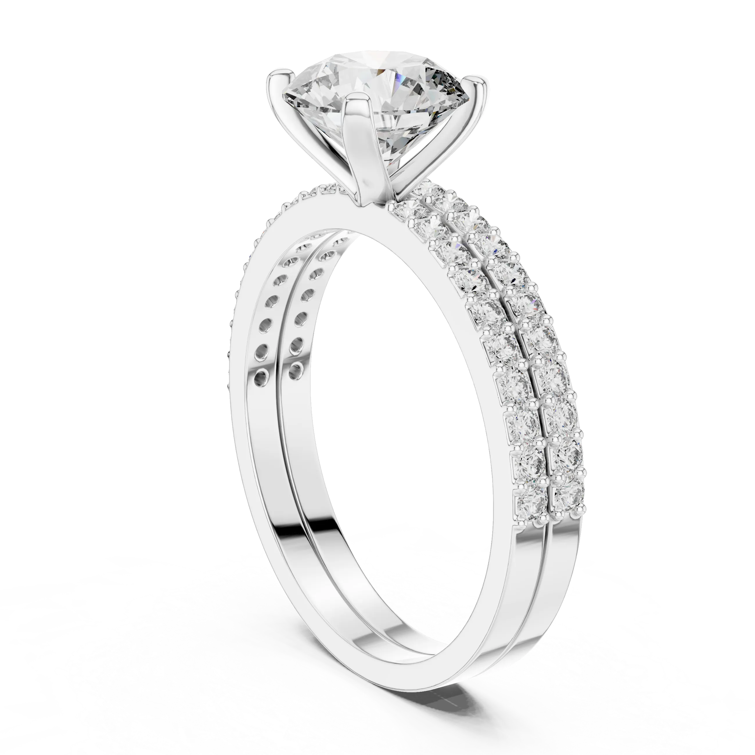 Round brilliant diamond ring with double pavé diamond band and four-prong solitaire setting