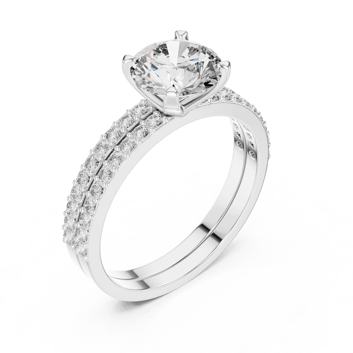 Round brilliant diamond ring with double pavé diamond band and four-prong solitaire setting