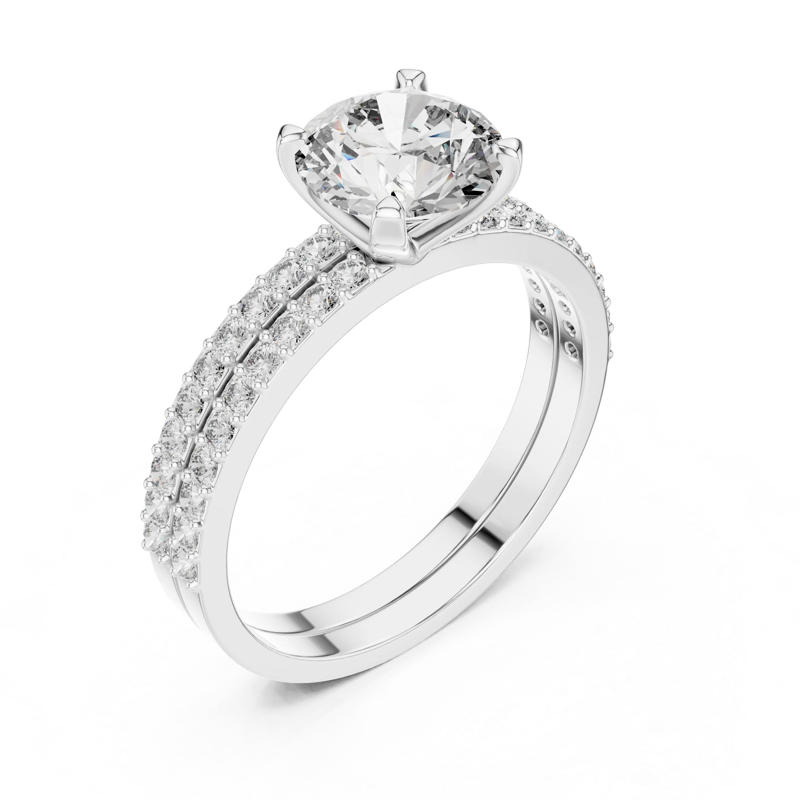 Round brilliant diamond ring with double pavé diamond band and four-prong solitaire setting