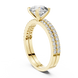 Round brilliant diamond ring with double pavé diamond band and four-prong solitaire setting