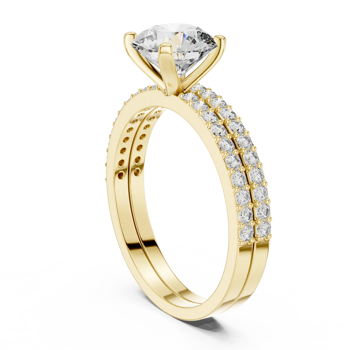 Round brilliant diamond ring with double pavé diamond band and four-prong solitaire setting