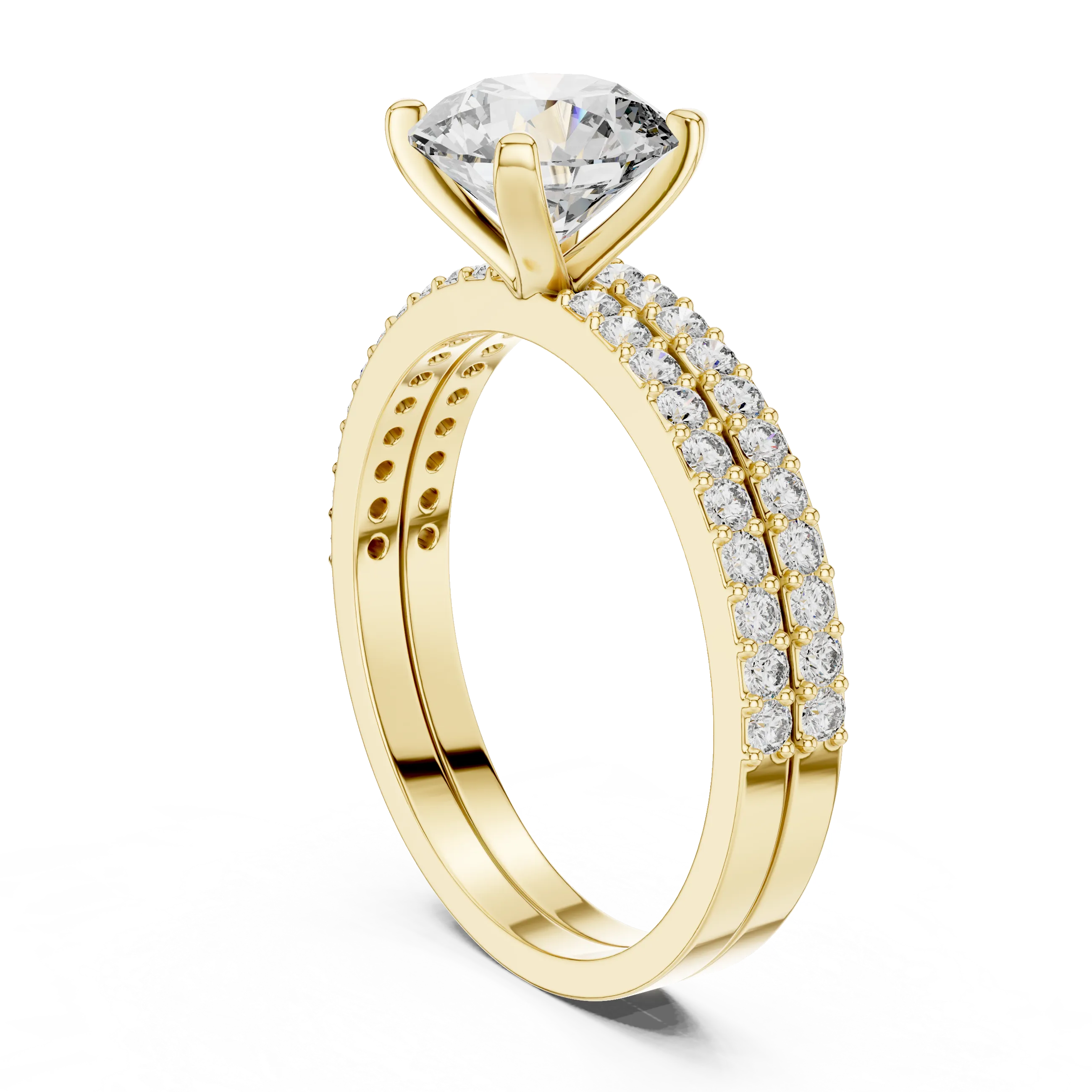 Round brilliant diamond ring with double pavé diamond band and four-prong solitaire setting