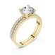 Round brilliant diamond ring with double pavé diamond band and four-prong solitaire setting