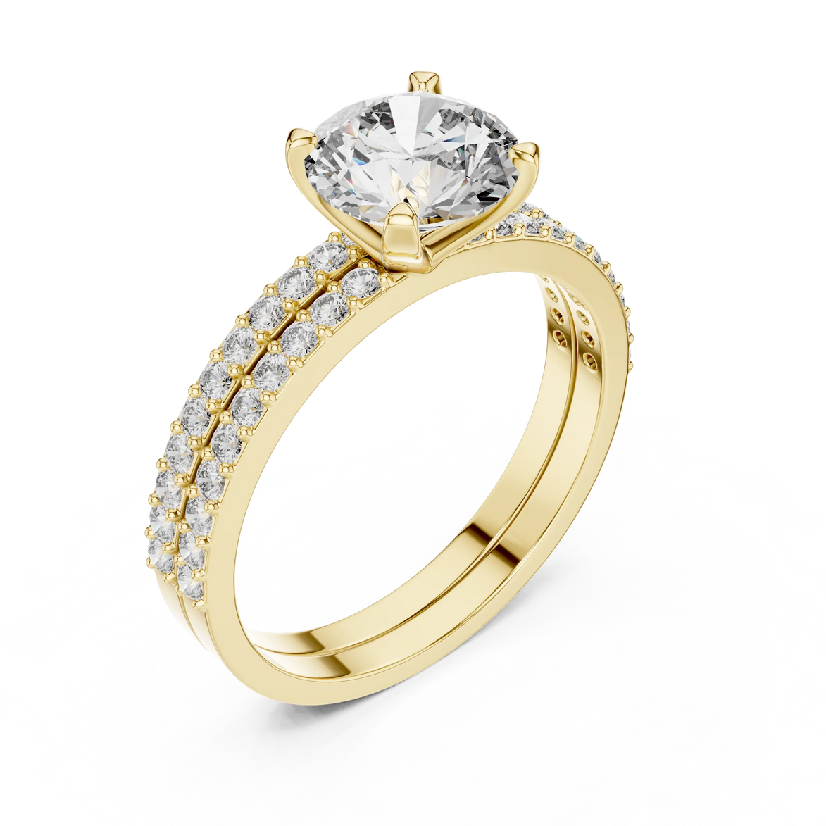 Round brilliant diamond ring with double pavé diamond band and four-prong solitaire setting