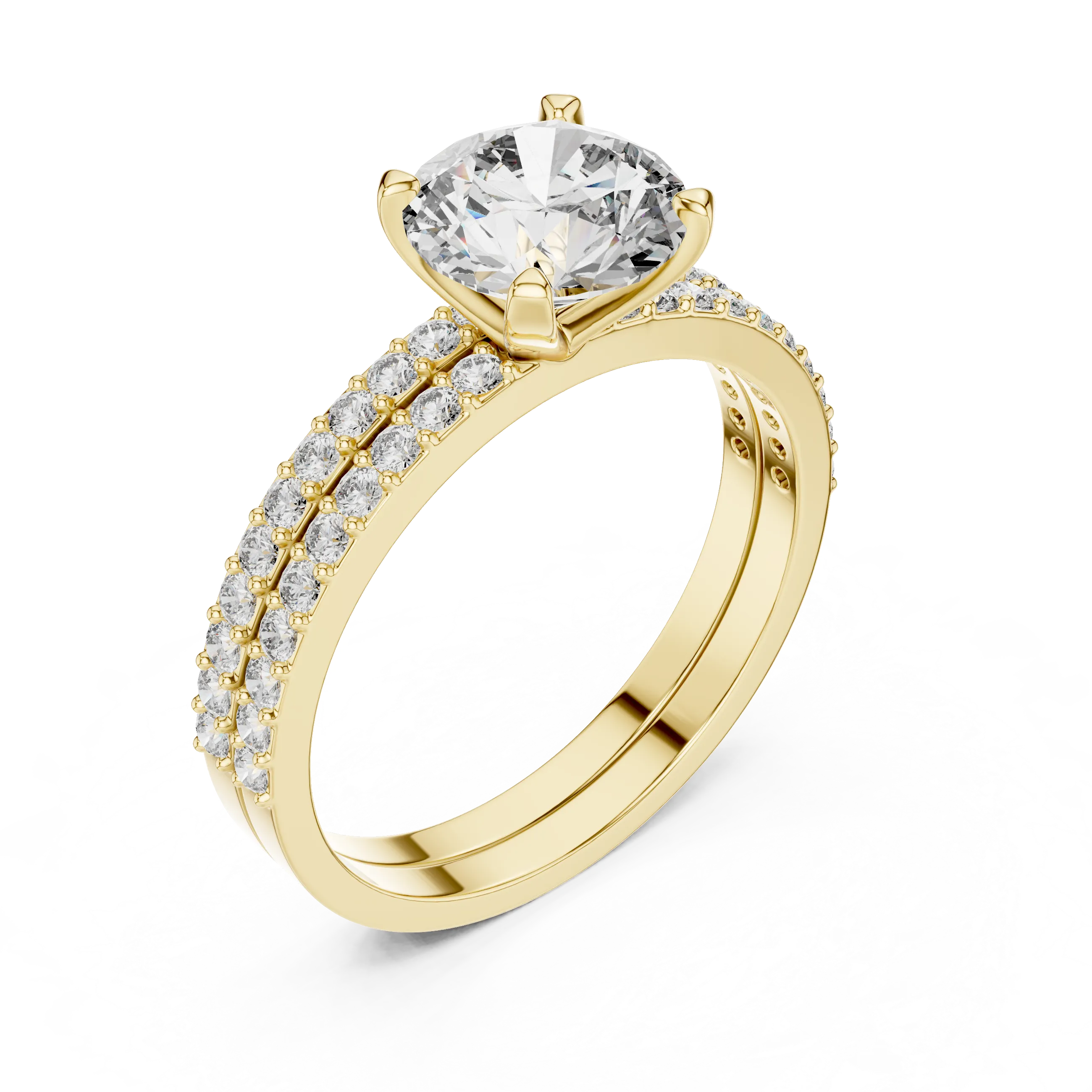 Round brilliant diamond ring with double pavé diamond band and four-prong solitaire setting