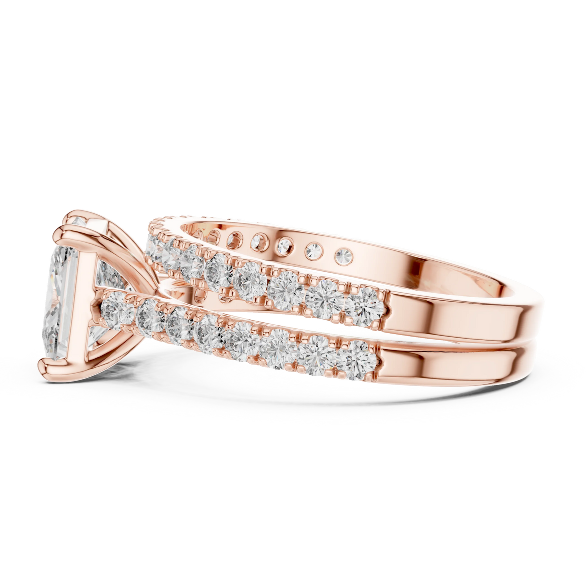 Princess cut diamond ring with double pavé diamond band and four-prong setting