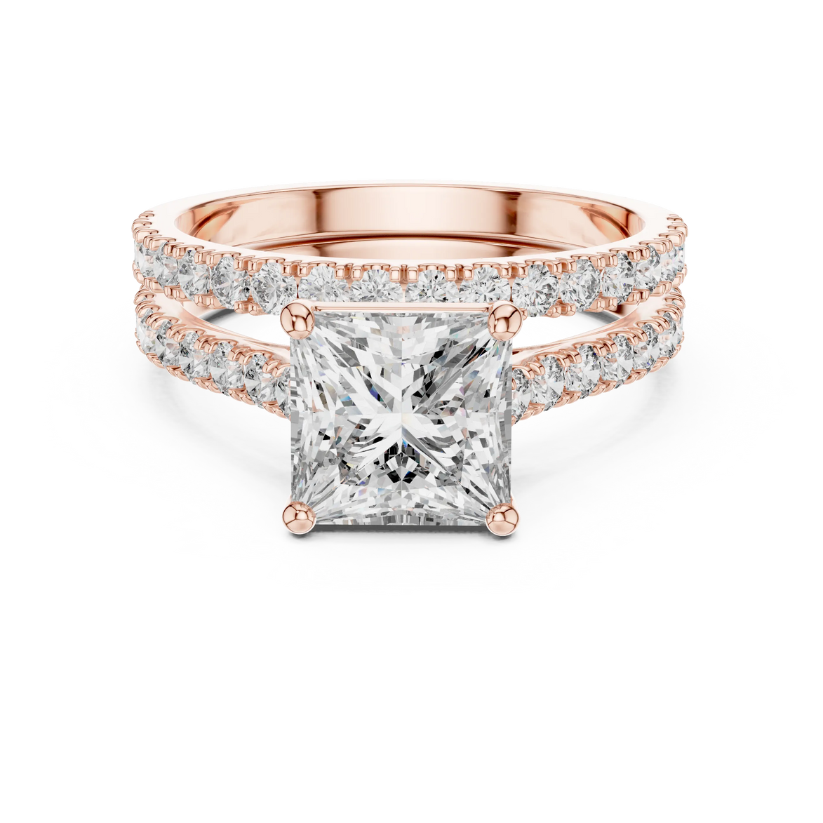Princess cut diamond ring with double pavé diamond band and four-prong setting