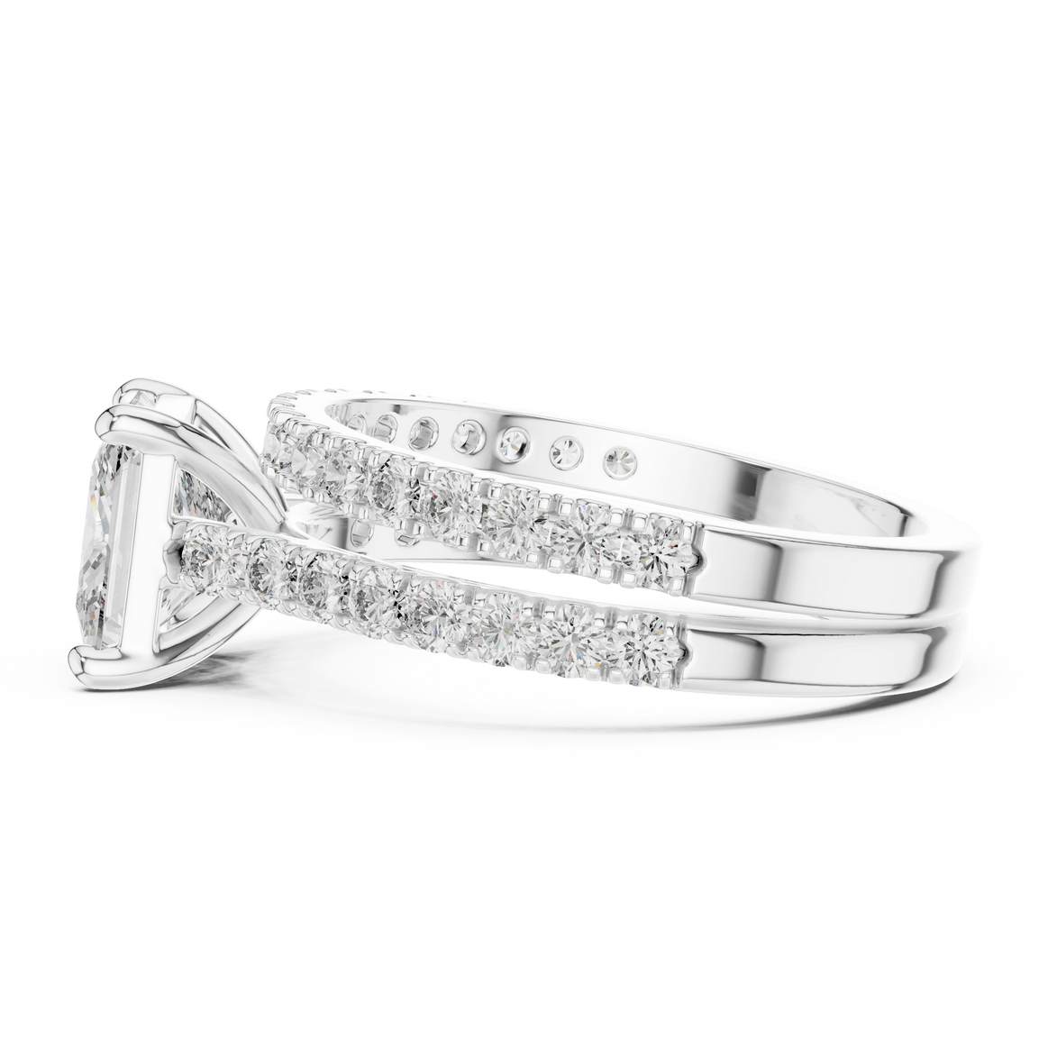 Princess cut diamond ring with double pavé diamond band and four-prong setting