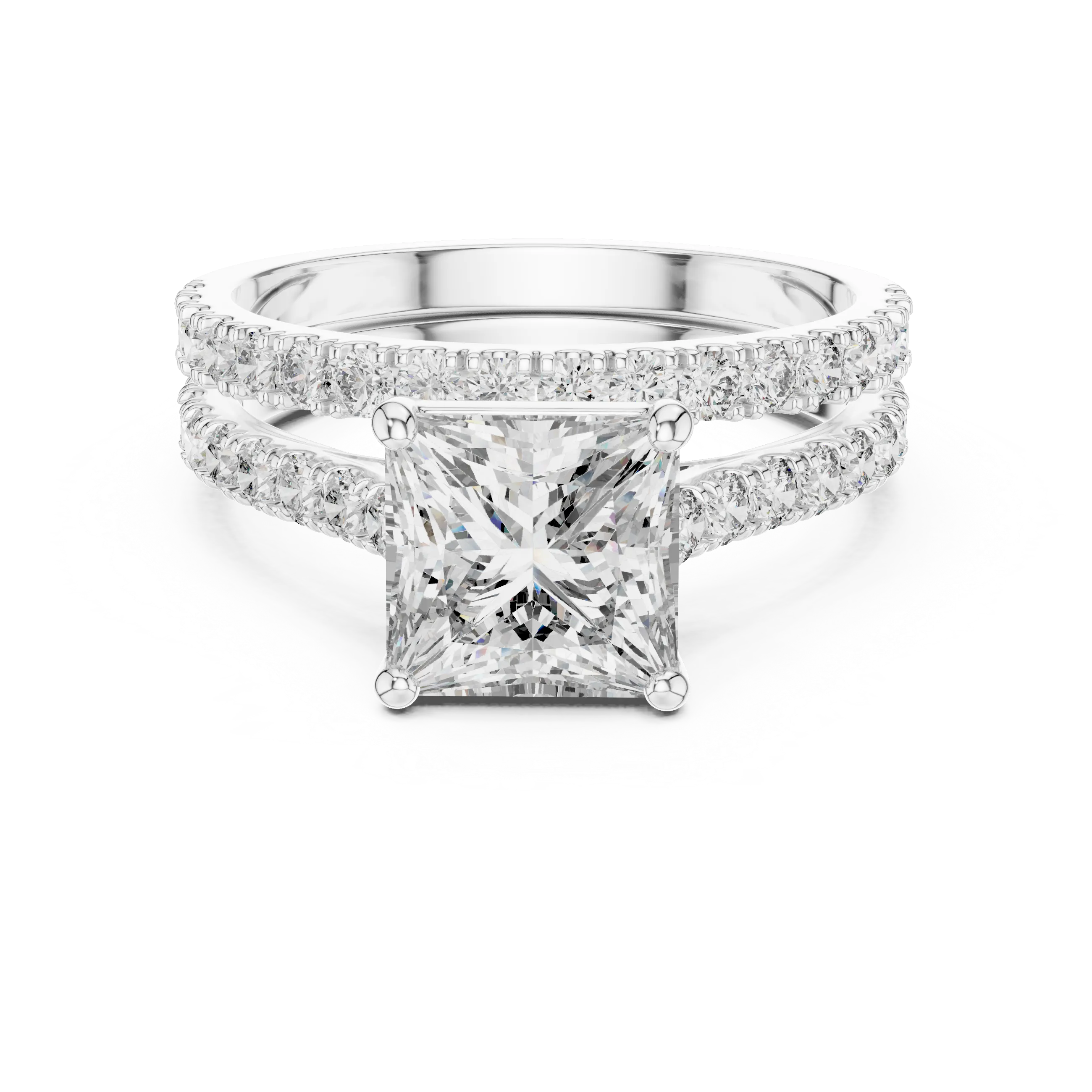 Princess cut diamond ring with double pavé diamond band and four-prong setting