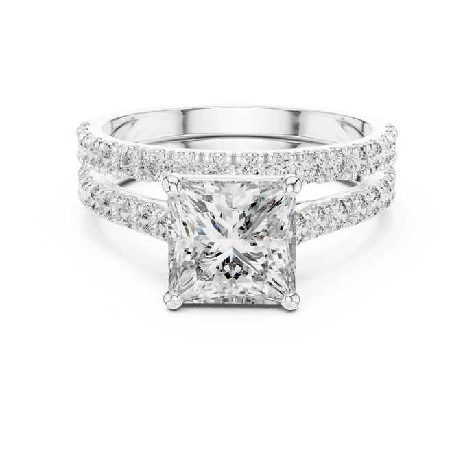 Princess cut diamond ring with double pavé diamond band and four-prong setting