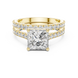 Princess cut diamond ring with double pavé diamond band and four-prong setting