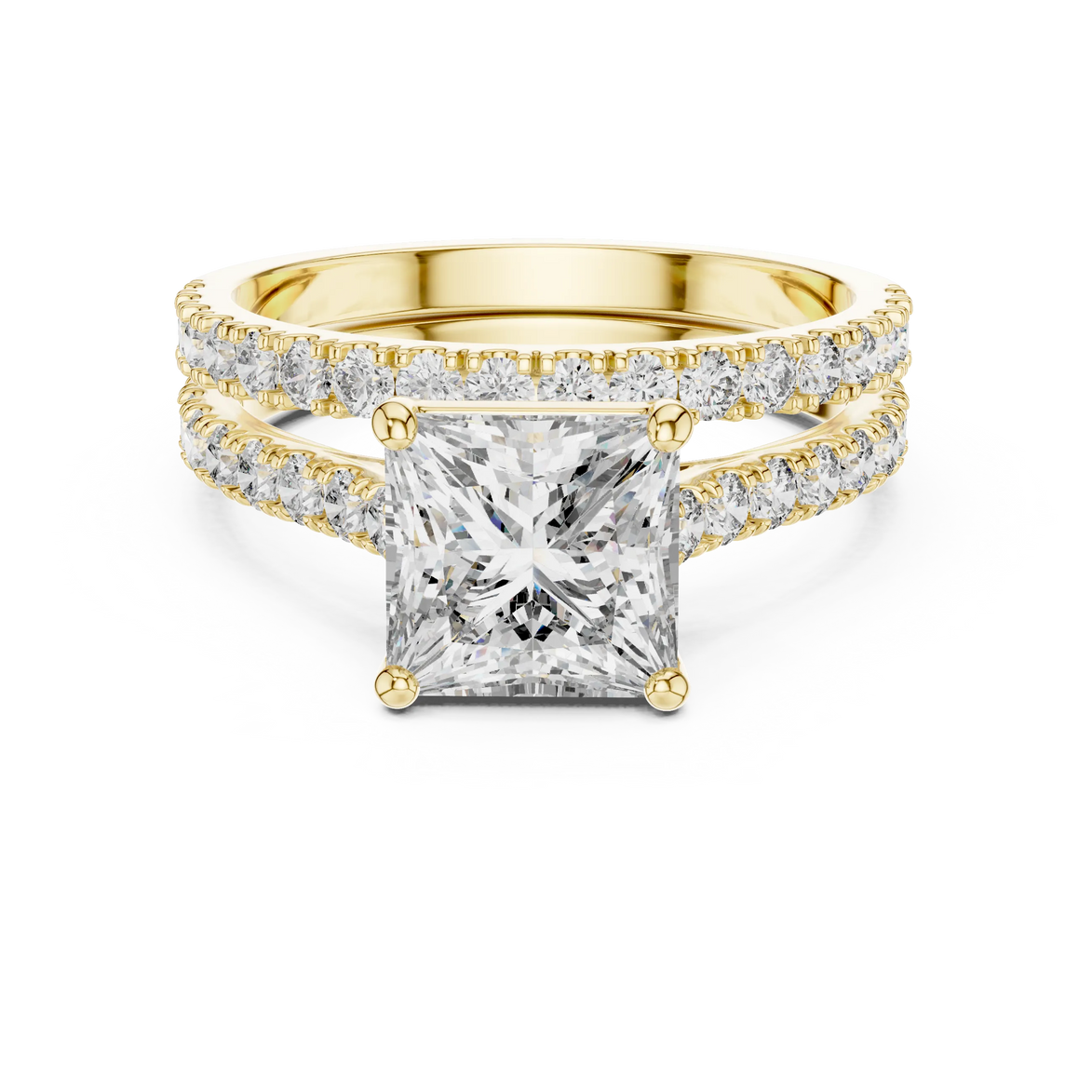 Princess cut diamond ring with double pavé diamond band and four-prong setting