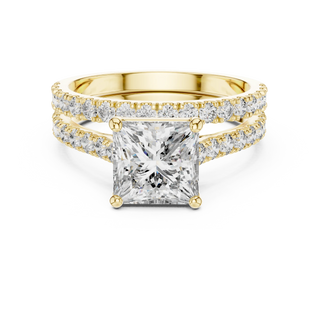 Front-facing view of a yellow gold princess cut double pavé diamond ring.