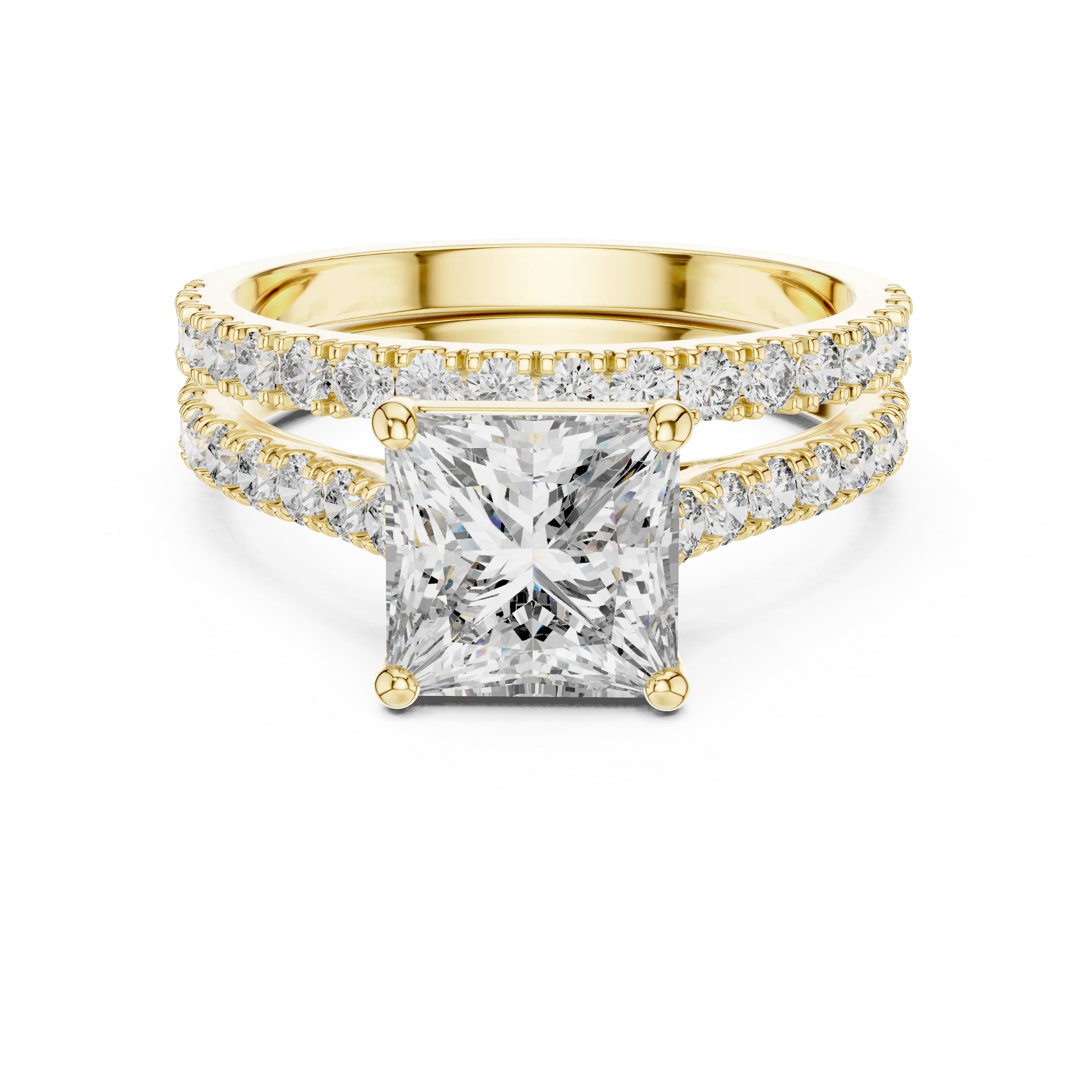 Princess cut diamond ring with double pavé diamond band and four-prong setting