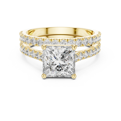 Front-facing view of a yellow gold princess cut double pavé diamond ring.