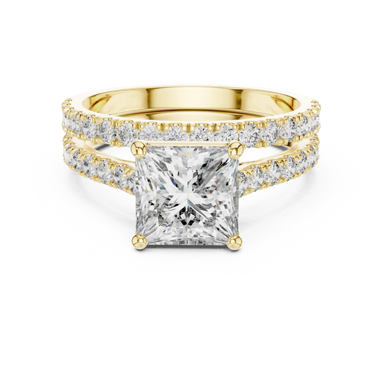Front-facing view of a yellow gold princess cut double pavé diamond ring.