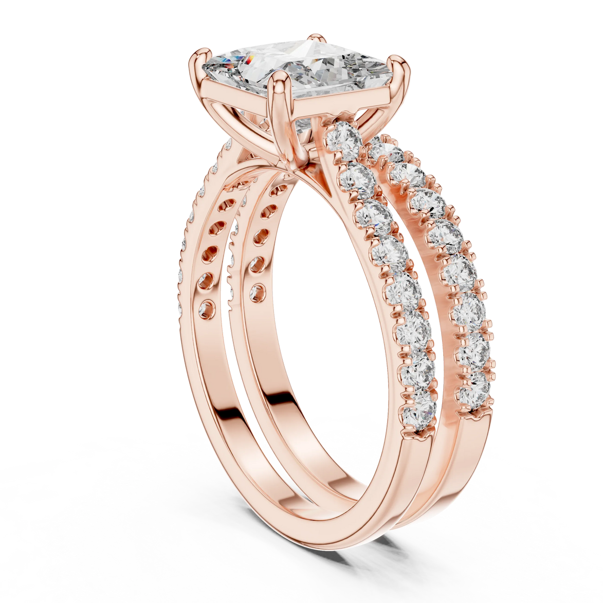 Princess cut diamond ring with double pavé diamond band and four-prong setting