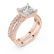Princess cut diamond ring with double pavé diamond band and four-prong setting