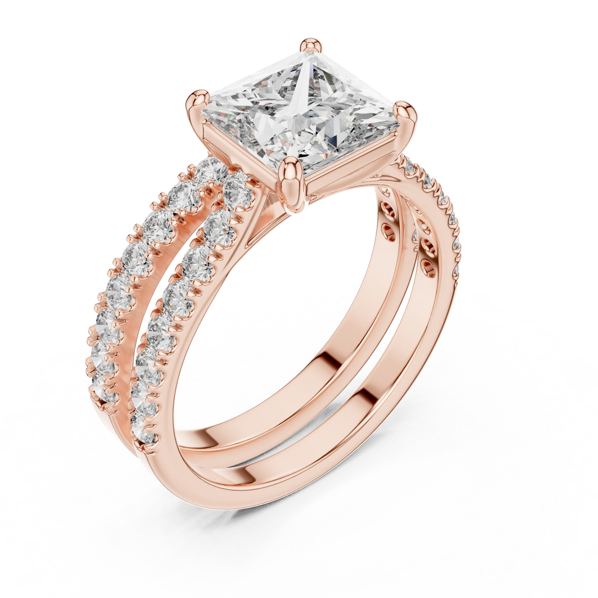 Princess cut diamond ring with double pavé diamond band and four-prong setting