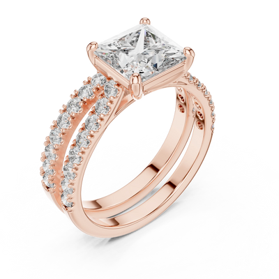 Side profile view of a rose gold princess cut double pavé diamond ring.